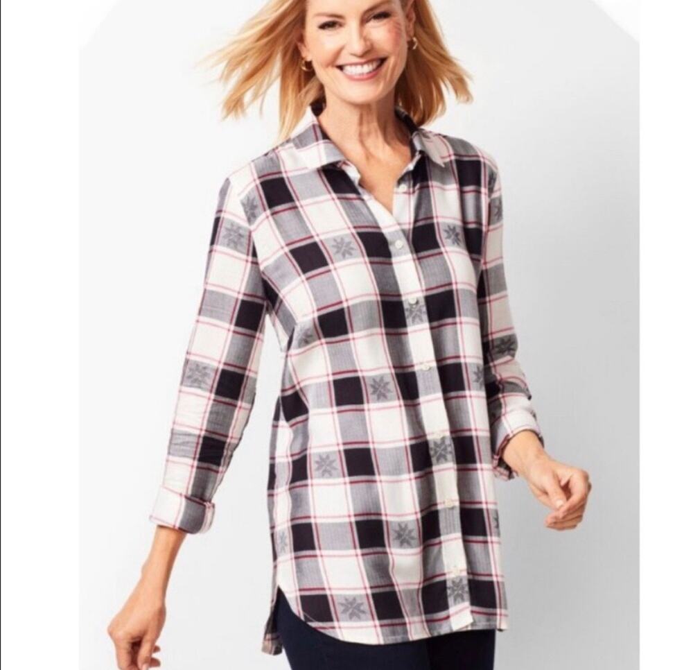 Talbots Women's Black Cream Red Plaid Button Down Tunic Blouse Sz XL Holiday